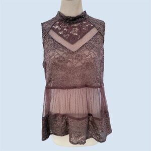 Maurices Y2K Light Plum Lace Sheer Mesh Polka Dot Sleeveless Blouse Women’s 0/XS